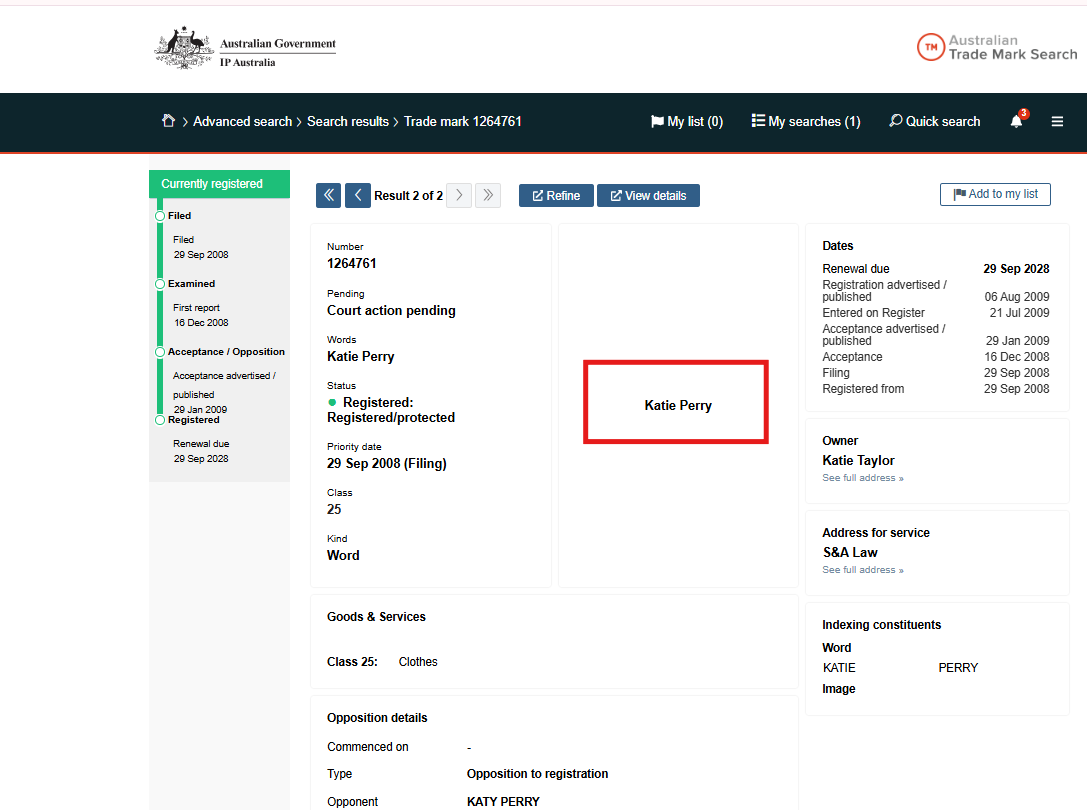 Trademark Katie Perry for clothing is still protected in Australia